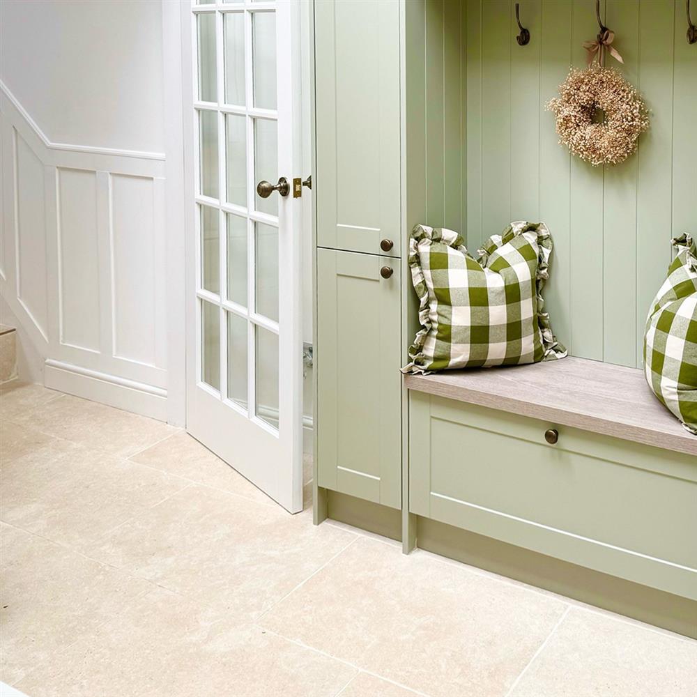 Cotswold Bianco porcelain floor tiles in a small hallway